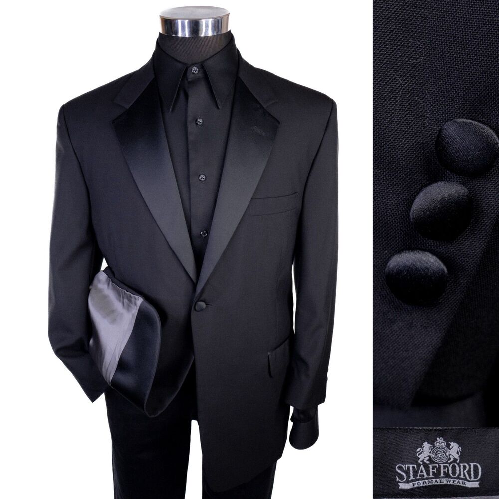 Stafford Tuxedo Jacket Mens 42S Black Wool Satin Notch Lapel One Button